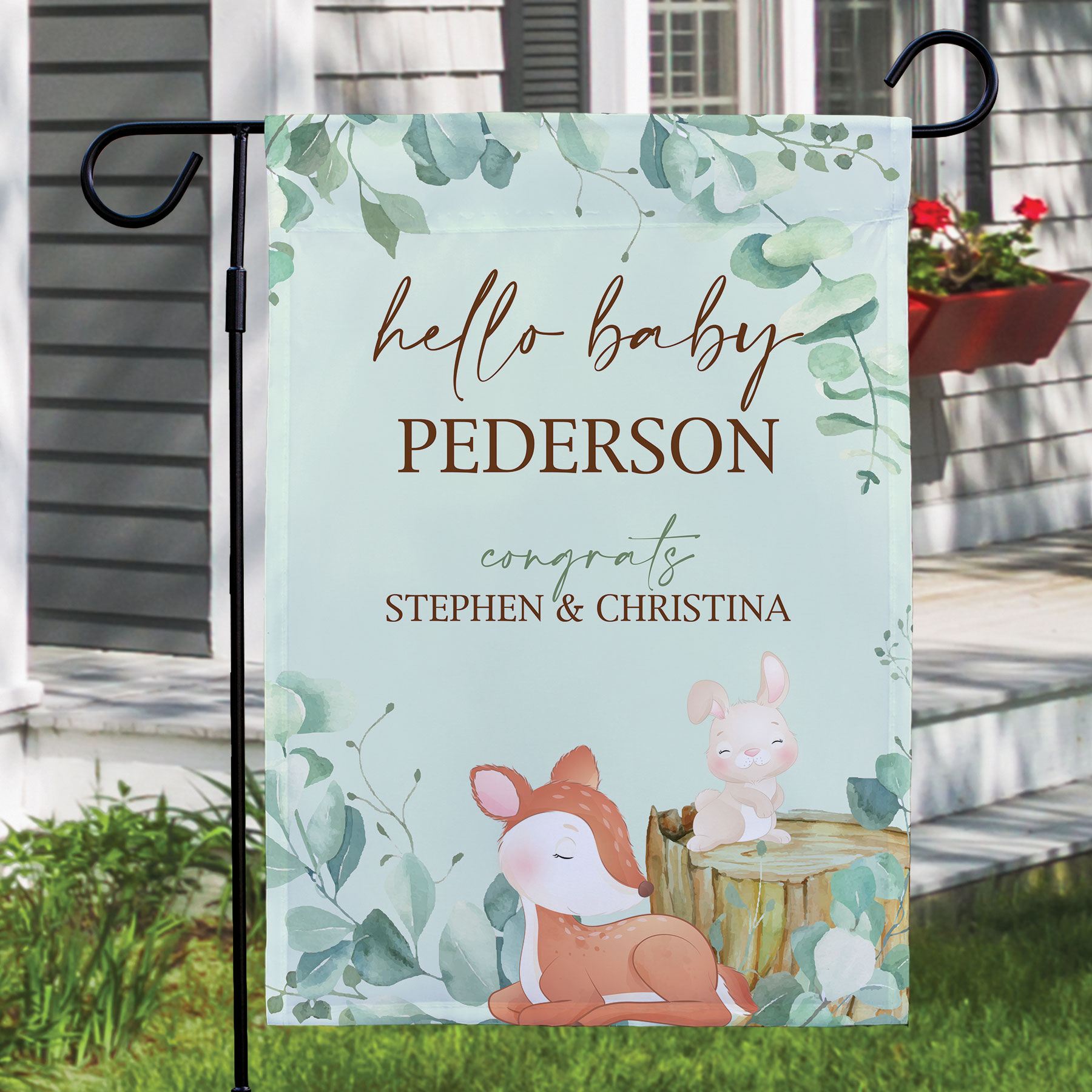 Personalized Woodland baby announcement garden flag 830xxx2X-WL